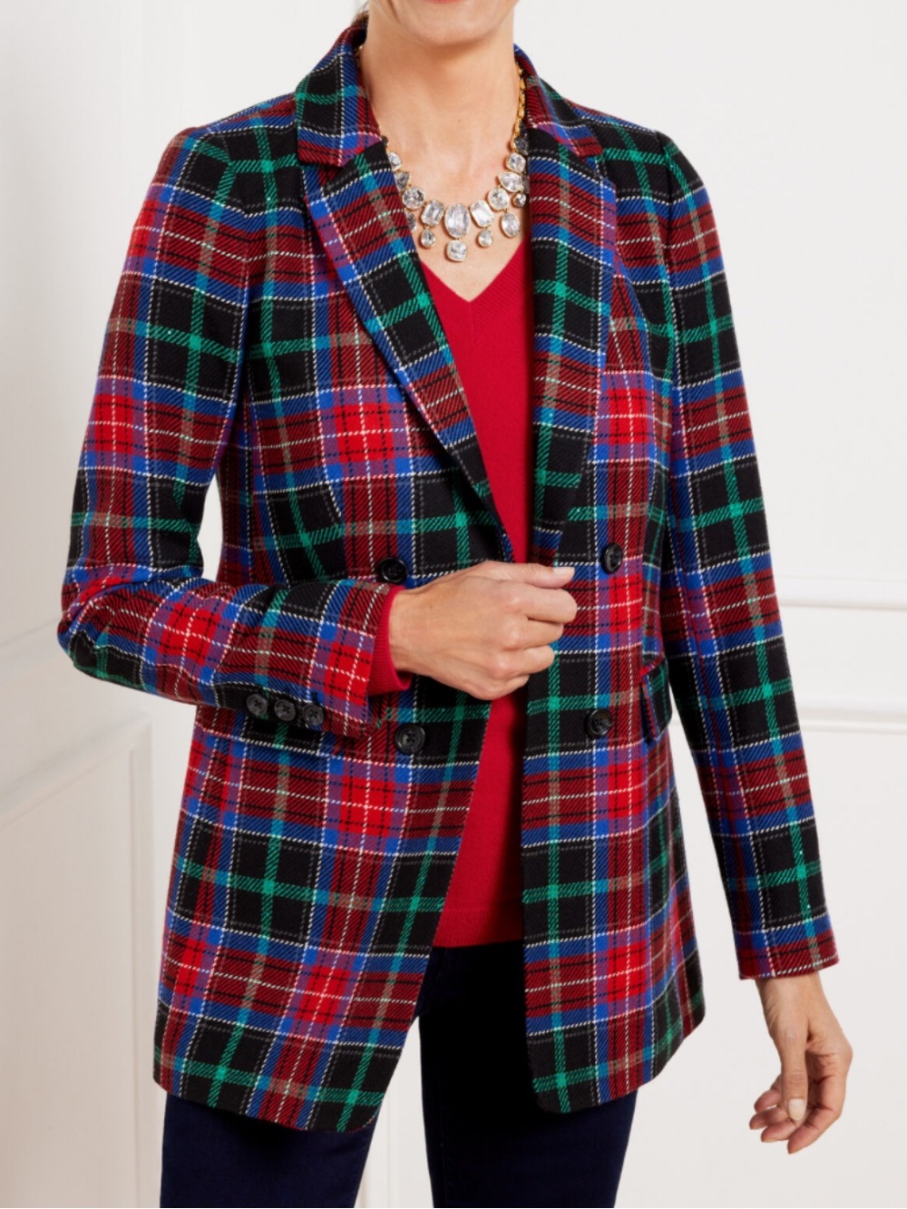 Talbots Red Green Blue Plaid open front Blazer size 14P
